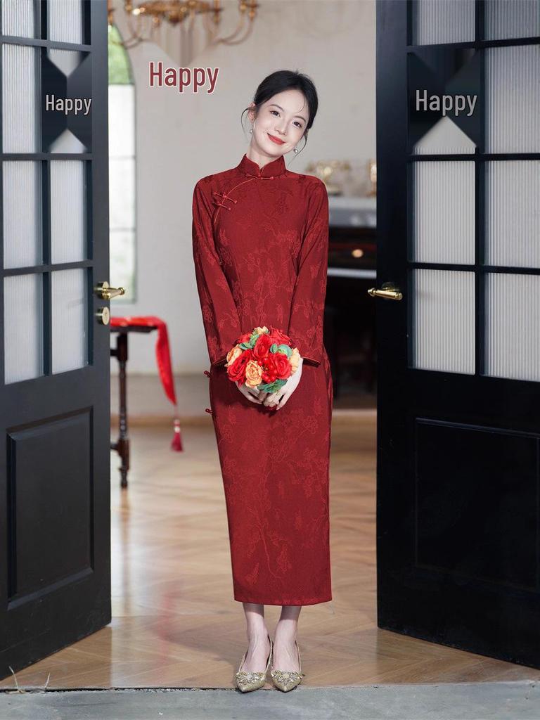 2025 Autumn Wine Red Bridal Cheongsam: Long Sleeve, Long Length Chinese Toasting Evening Gown