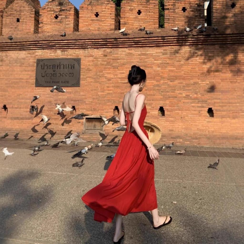 Women's Sexy Backless Red Slip Dress - Perfect for Beach Vacations and Photos