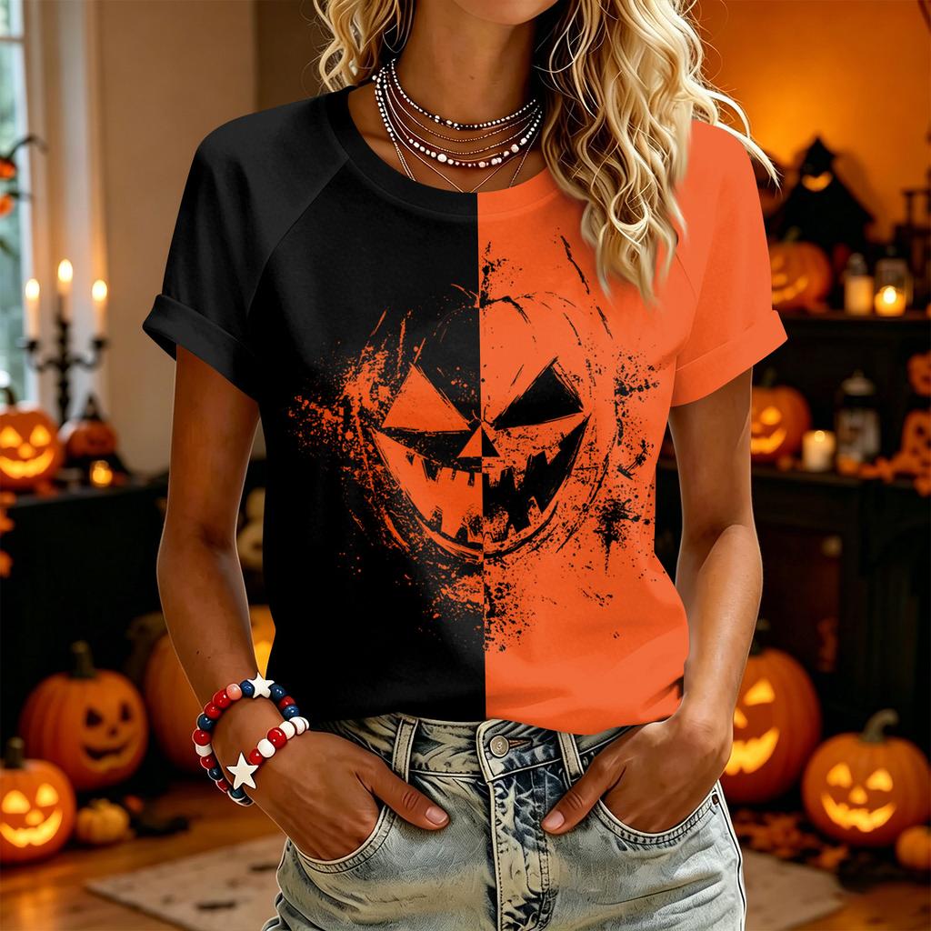 Women Casual Halloween Graphic T Shirt Short Sleeve Top Pumpkin Face Print Split Design Lightweight Comfortable Fit