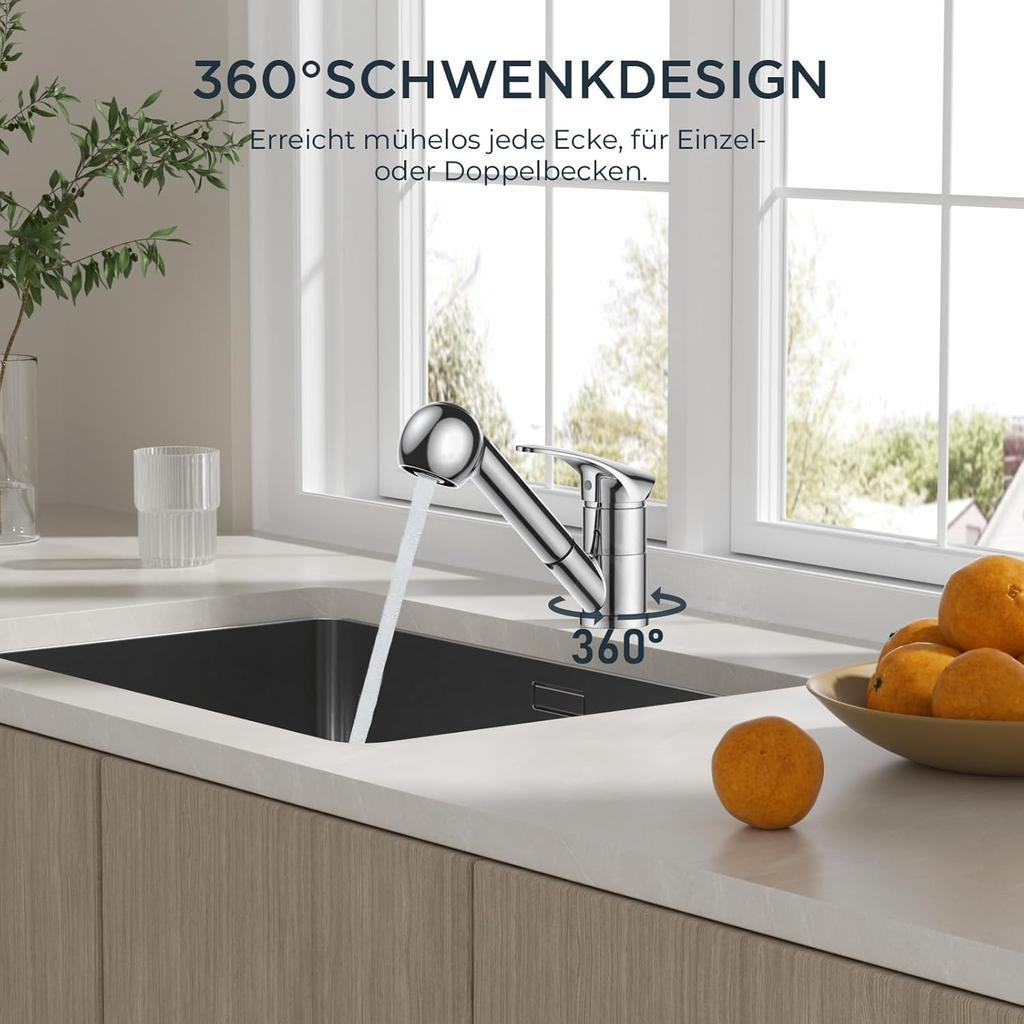 Kitchen Faucet Polished Chrome, Stainless Steel Sink Fittings with Shower, Single Lever Mixer Kitchen Fittings, 360° Rotatable Mixer Battery Kitchen