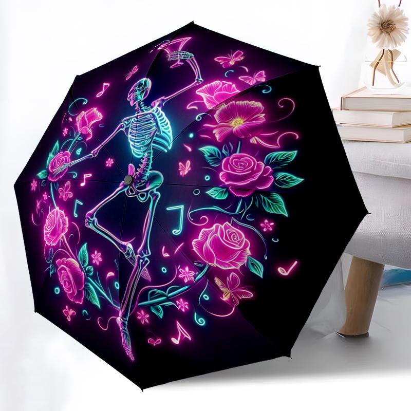 1pc Dancing Skeletons Automatic Practical Umbrella Design, Cute Cartoon Pattern, Portable Outdoor Umbrella, Perfect A037