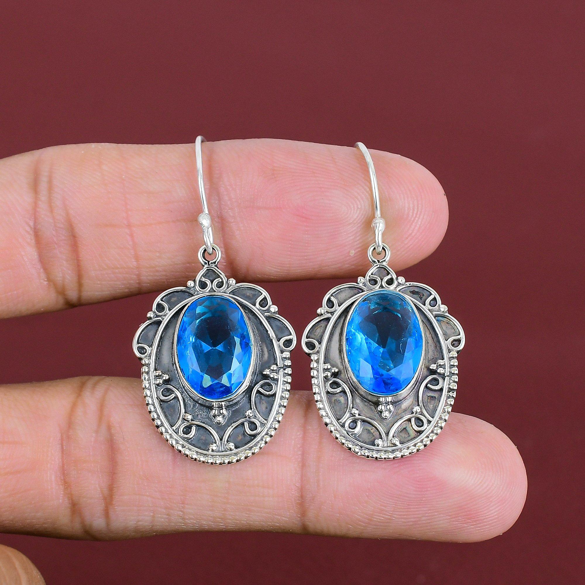 Faceted Swiss Blue Topaz Earring Vintage Jewelry 925 Sterling Silver Earring Handmade Earring Wedding Jewelry Gemstone Earrings Gift For Mom