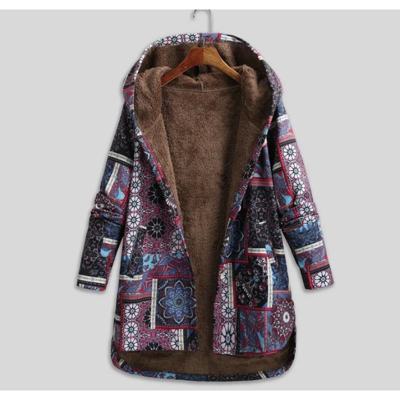Women Casual Outwear Winter Warm Retro Printed Pockets Zipper Hooded Thicker Coat Plus Size