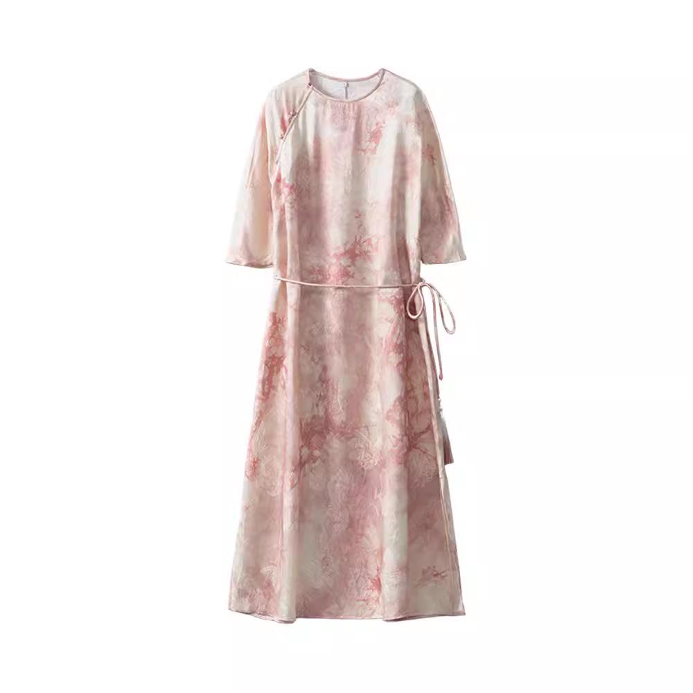 Handmade Tie-Dye Mulberry Silk Jacquard Dress - Chinese Style, Round Neck, Slanted Placket, Seven-Sleeve Midi