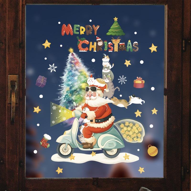 Cartoon Christmas Window Sticker Santa Claus Xmas Tree Double-Sided Glass Sticker Christmas Decoration for Home New Year 2025
