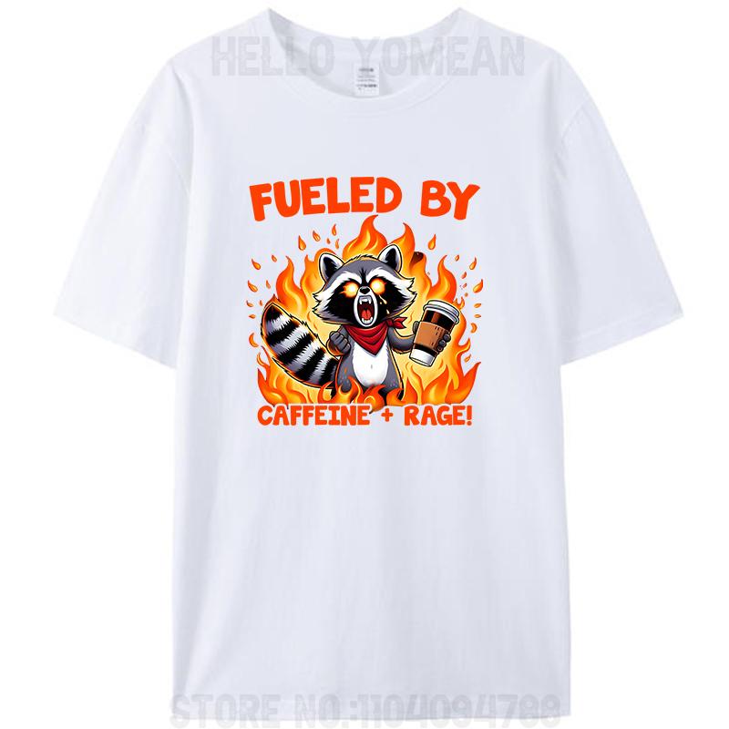 Alimenté par la rage de la caféine Drôle Raton laveur Vintage Femmes Hommes T-shirt 100% Coton T-shirts Hauts Mode Nouveauté Cadeaux