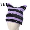 Warm Winter Gift for Her Cat Ear Hat Women Girls, Striped Slouchy Crochet Headgear Retro Style with Shiny Rhinestones, Cute Knitted Cap Fashionable