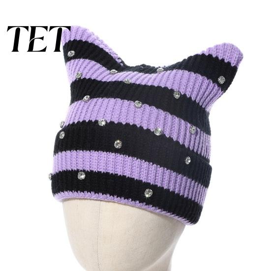 Warm Winter Gift for Her Cat Ear Hat Women Girls, Striped Slouchy Crochet Headgear Retro Style with Shiny Rhinestones, Cute Knitted Cap Fashionable
