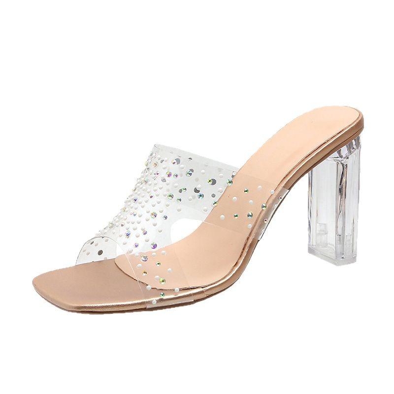 High-heeled Fish-mouth Cool Slippers, New Transparent Rhinestone Slippers, Fashionable Outer Wear, Thick-heeled Fashion Flip-flops.