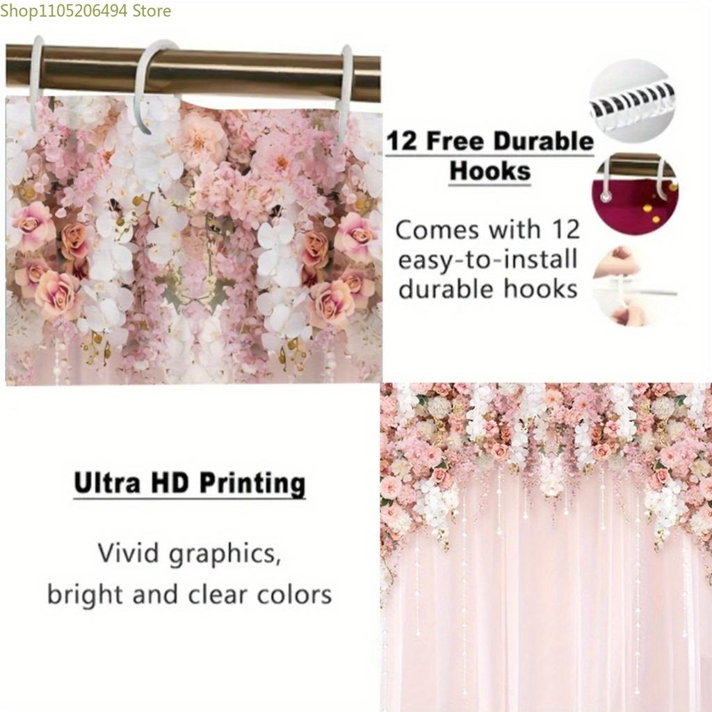 1 Stück Eleganter Rosa Blumiger Duschvorhang Mit Haken - Maschinenwaschbarer Stoff Badvorhang Geeignet Für Moderne Badezimmer, Romant
