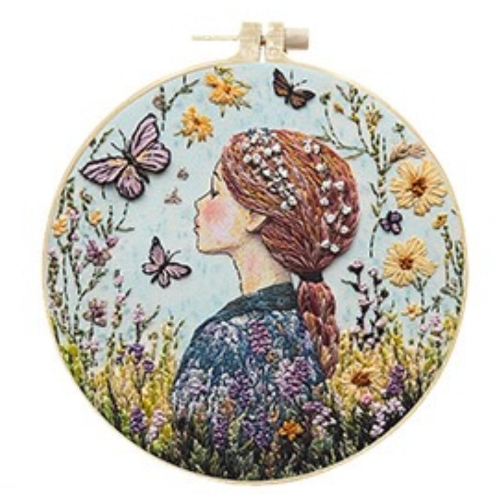 1set Simple Linen Oil Painting Girl Series Cross Stitch Embroidery Material Kit - Easy Tutorial for Beginners, Tools and Fabric Craft Material Kit