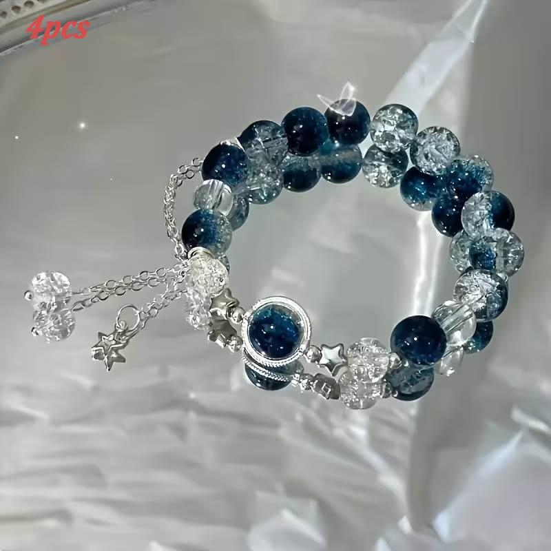 2pcs/4pcs Women's Galaxy Bracelet with Blue Cracked Glass Beads, Star Charm, Cosmic Jewelry, Adjustable Fashion Gift for Her