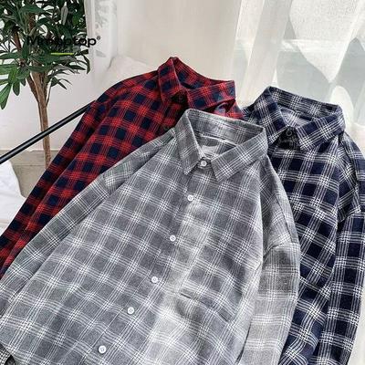 Herbst Blaues Karomusterhemd Herren Langarmhemd Jacke Koreanischer Stil Locker und Hübsch Hongkong-Stil Sonnenschutz Partner-Outfit Herren