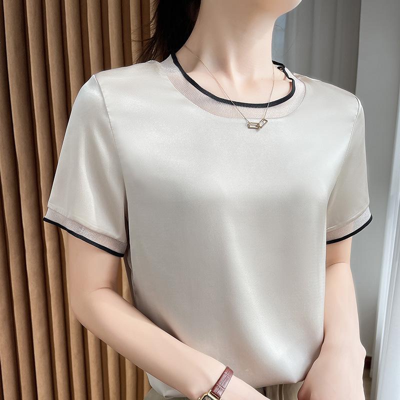 Summer Ice Silk Temperament V-Neck Short-Sleeved Pullover Top Women Style Blouses Shirts
