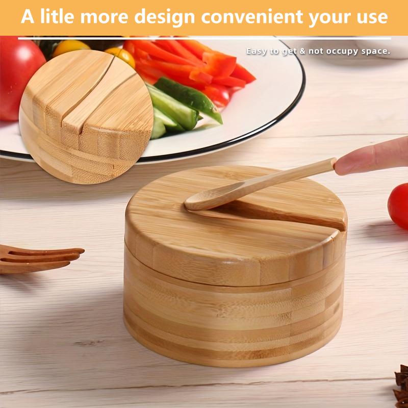 Bamboo Seasoning Box With Spoon Rotating Cover Spice Box Seasoning Container Sugar Salt Pepper Jar Condiments Picnicking Gadget