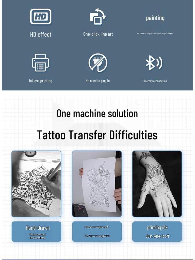 A4 Portable Bluetooth Thermal Tattoo Printer for Home, Office, or Students - Inkless & Mini