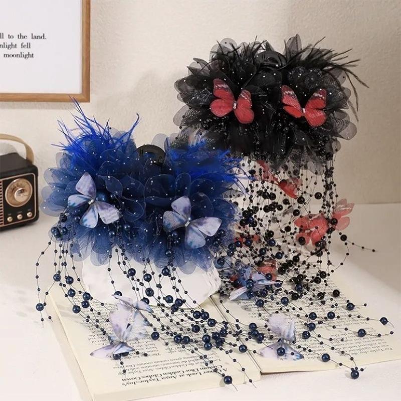 Fairy Butterfly Feather Tassel Hair Claw Shark Clips Temperament Mesh Flower Claw Clip Women Headwear Hair Accessories