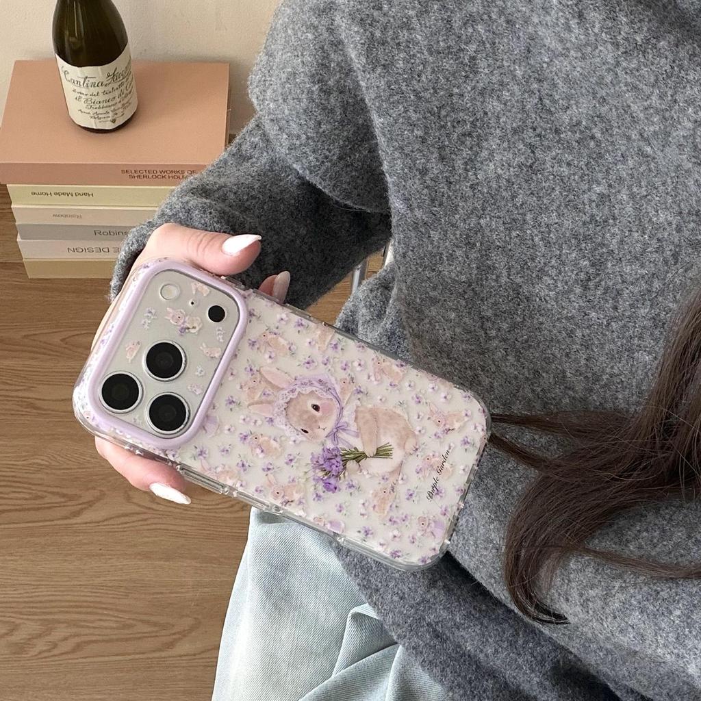 Purple Floral Rabbit Phone Case for Apple 17Promax/16Promax/15 with Drop Protection