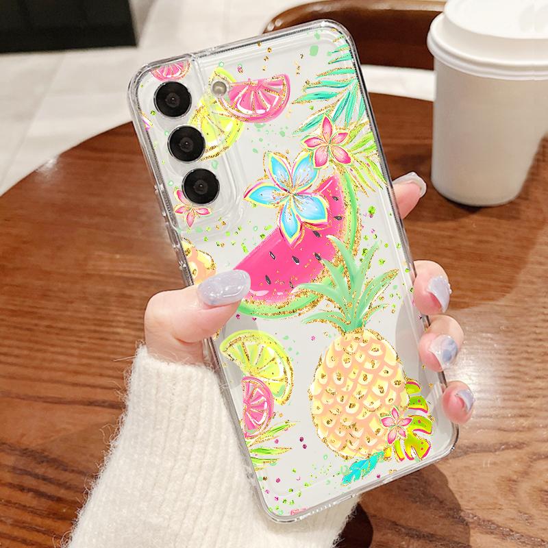 Flowers Fruits Print Case For iPhone 17 18 Pro Max Plating Lens Clear Soft Cover For iPhone 16 15 14 13 Pro Max 17E