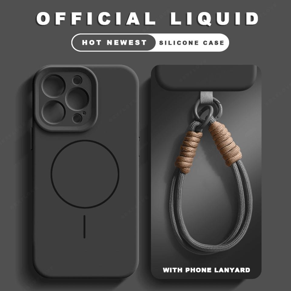 Liquid Silicone Lanyard Magnetic Phone Case For iPhone 16 14 15 Plus 11 12 13 16 Pro Max Magsafe Charge Strap Protector Cover