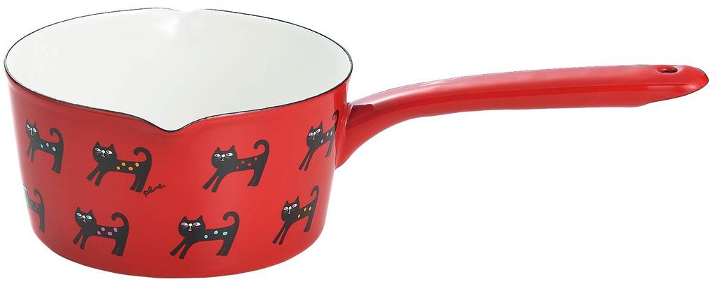Tamahashi Milk Pan, Enamel, Induction and Gas Compatible, 15cm, Made in Japan, Prune, Red, Colorful Cat Design, YJM-200