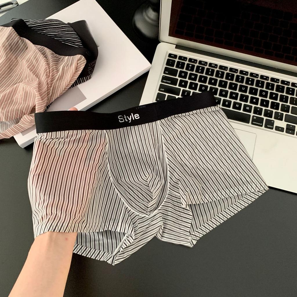 Men's Spring and Summer Striped Ice Silk Quick Dry Transparent 10A Antibacterial Mid Waist Flat Angle Briefs