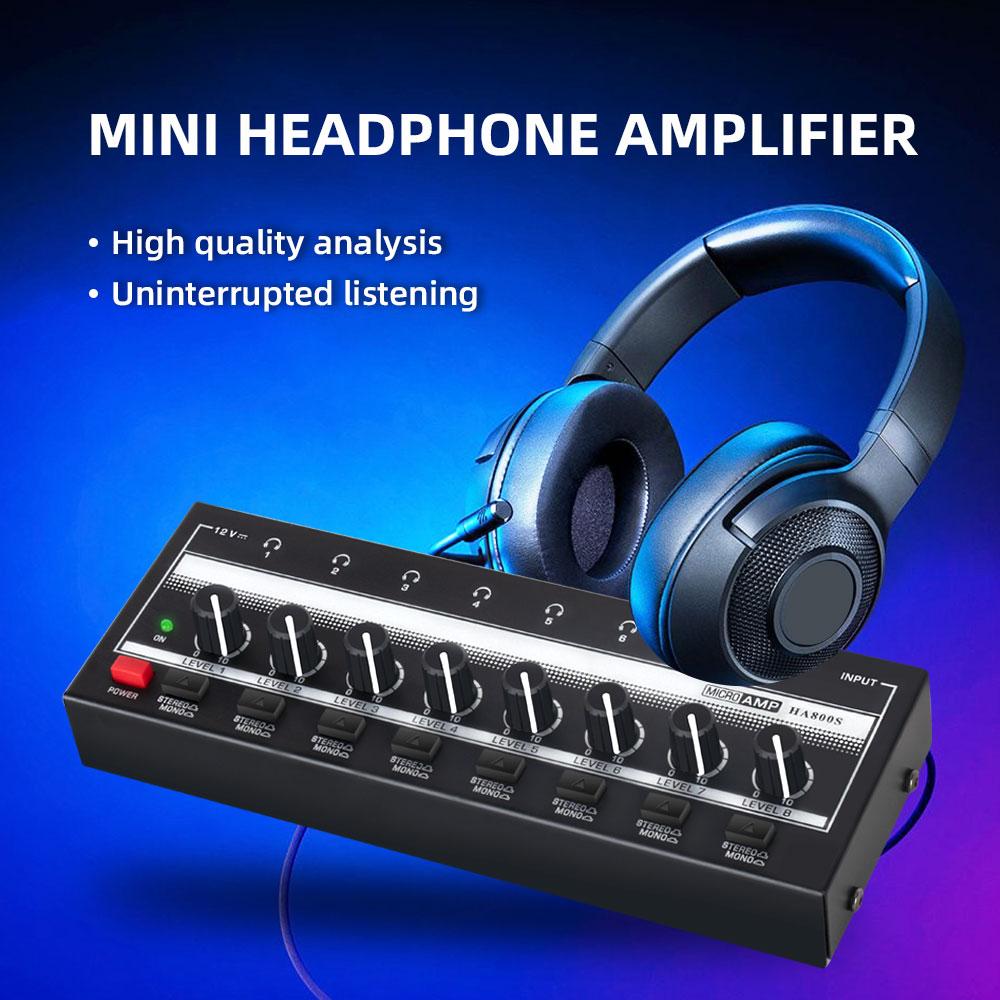 8 Channels Mini Headphone Amplifier Ultra-Compact Stereo Audio Amplifier with Power Adapter Earphone Splitter