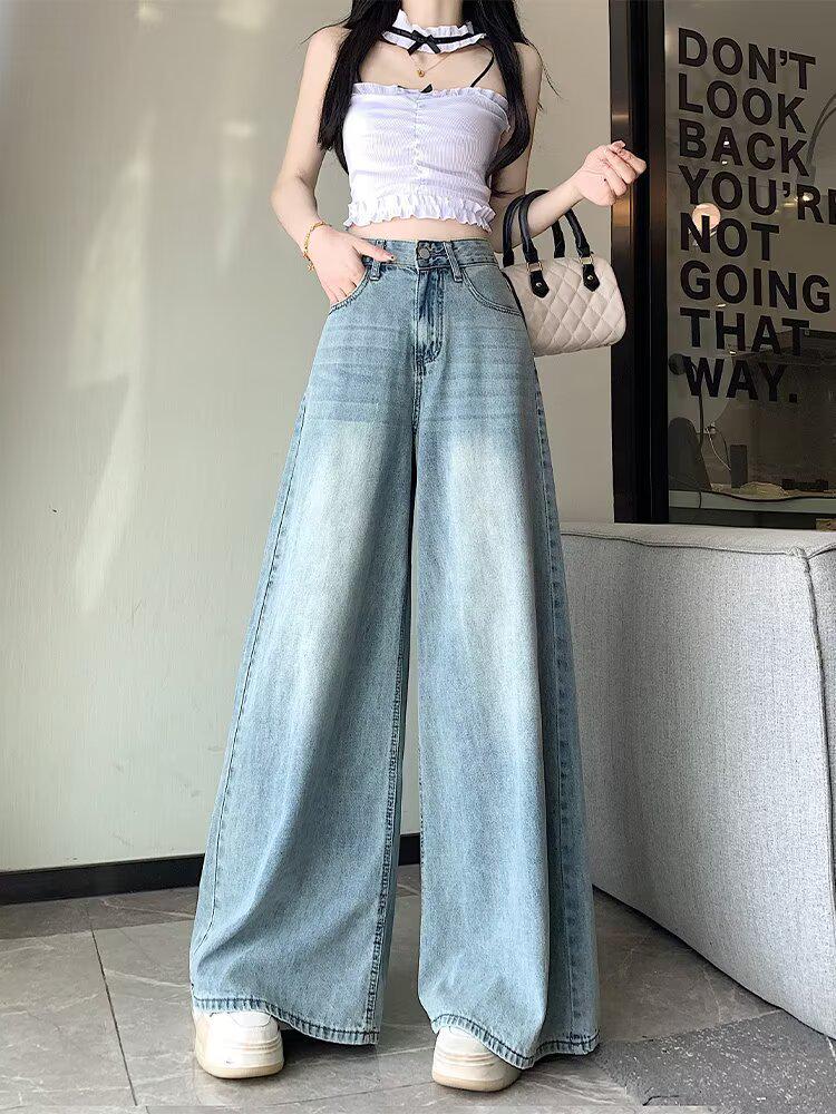 

Women s Plus Size Light Blue High Waist Wide Leg Jeans - Summer Slimming Loose Straight Floor-Length XL светло-синий
