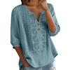 Damen V-Ausschnitt Dreiviertelarm Bestickte Knopfleistenbluse mit Blumenmuster Lockerer Schnitt Lässiges Oberteil