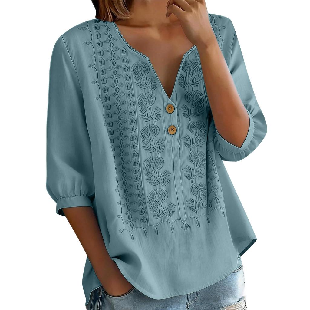 Damen V-Ausschnitt Dreiviertelarm Bestickte Knopfleistenbluse mit Blumenmuster Lockerer Schnitt Lässiges Oberteil