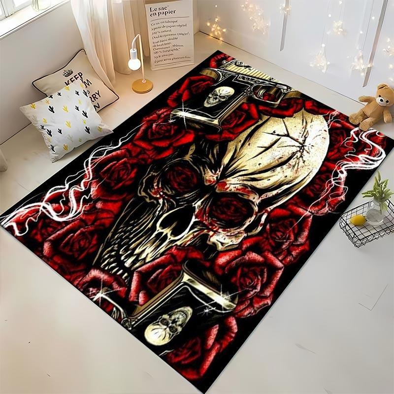 Skull with Red Roses and Guns Design Carpet, Gothic Art Style Decor Suitable for Use As an Anti-slip for Living Room Bedroom Sofas