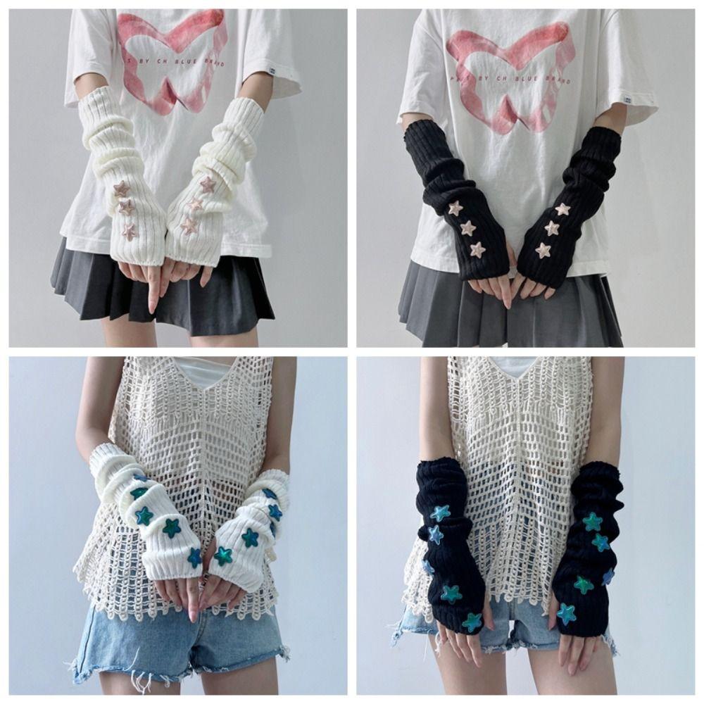 Y2k Star Knitted Gloves Gothic Wool Sleeve Cuff Punk Fingerless Gloves  Girls