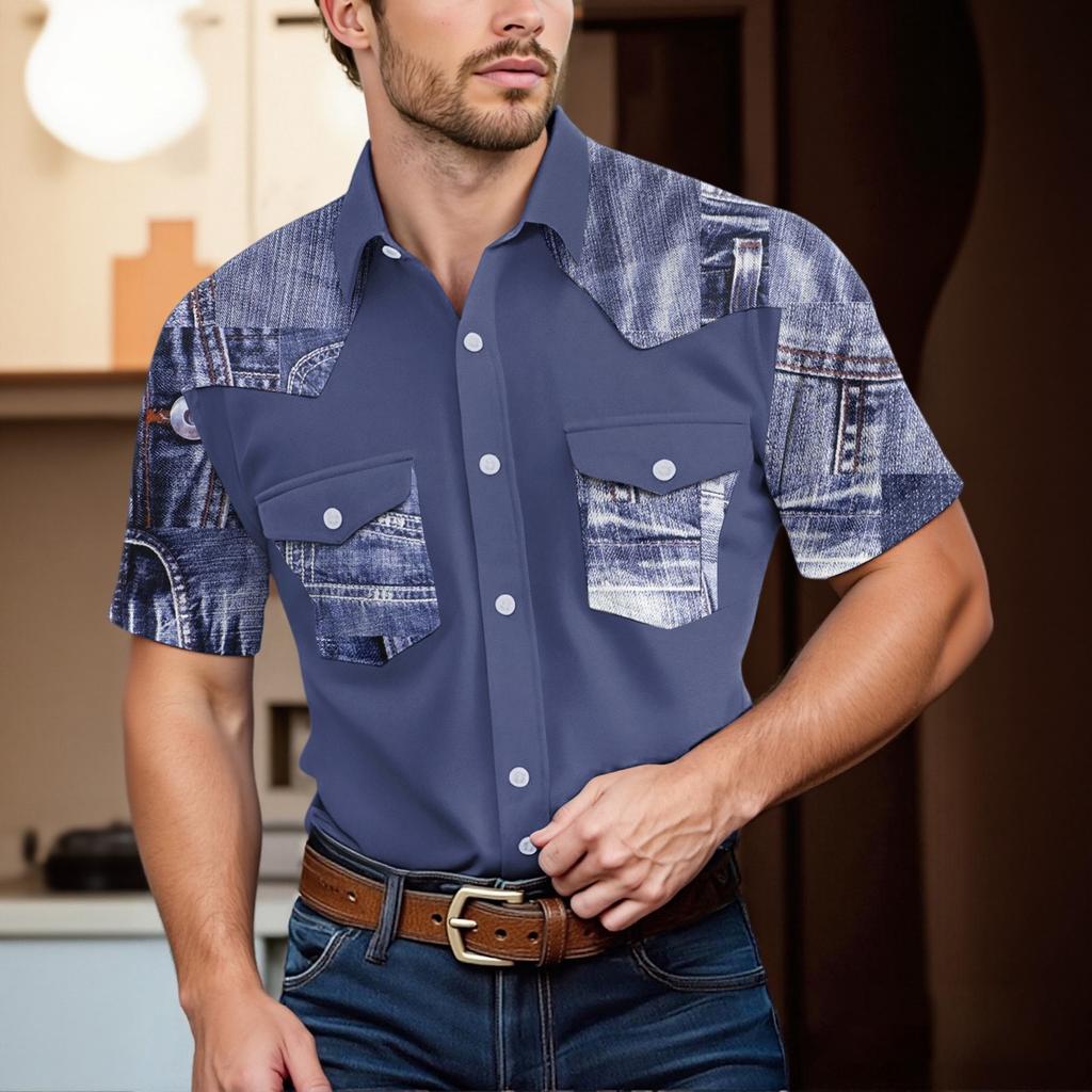 Pánské módní s klopou a krátkým rukávem ležérní top délky po ramena