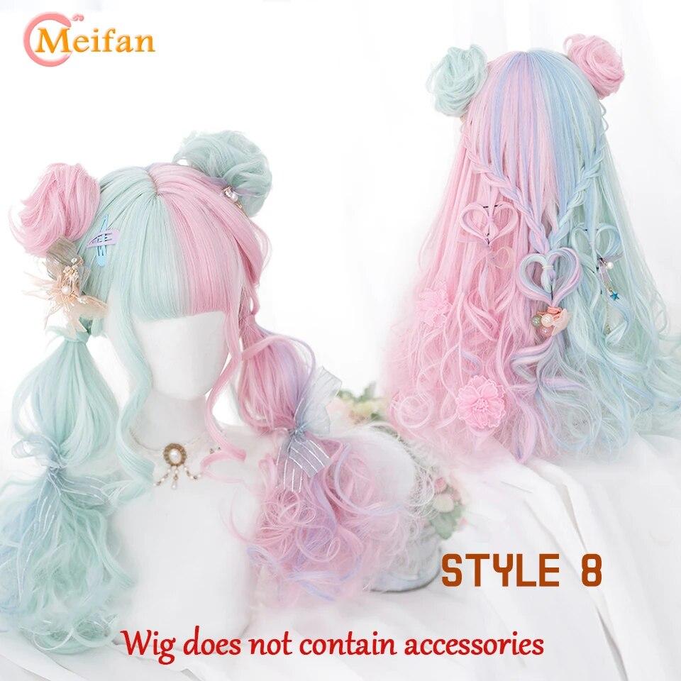 Synthetische lange Ombre bunte Cosplay Lolita Harajuku Perücke mit Pony natürliche wellige Halloween rosa lila blau tägliche Perücken