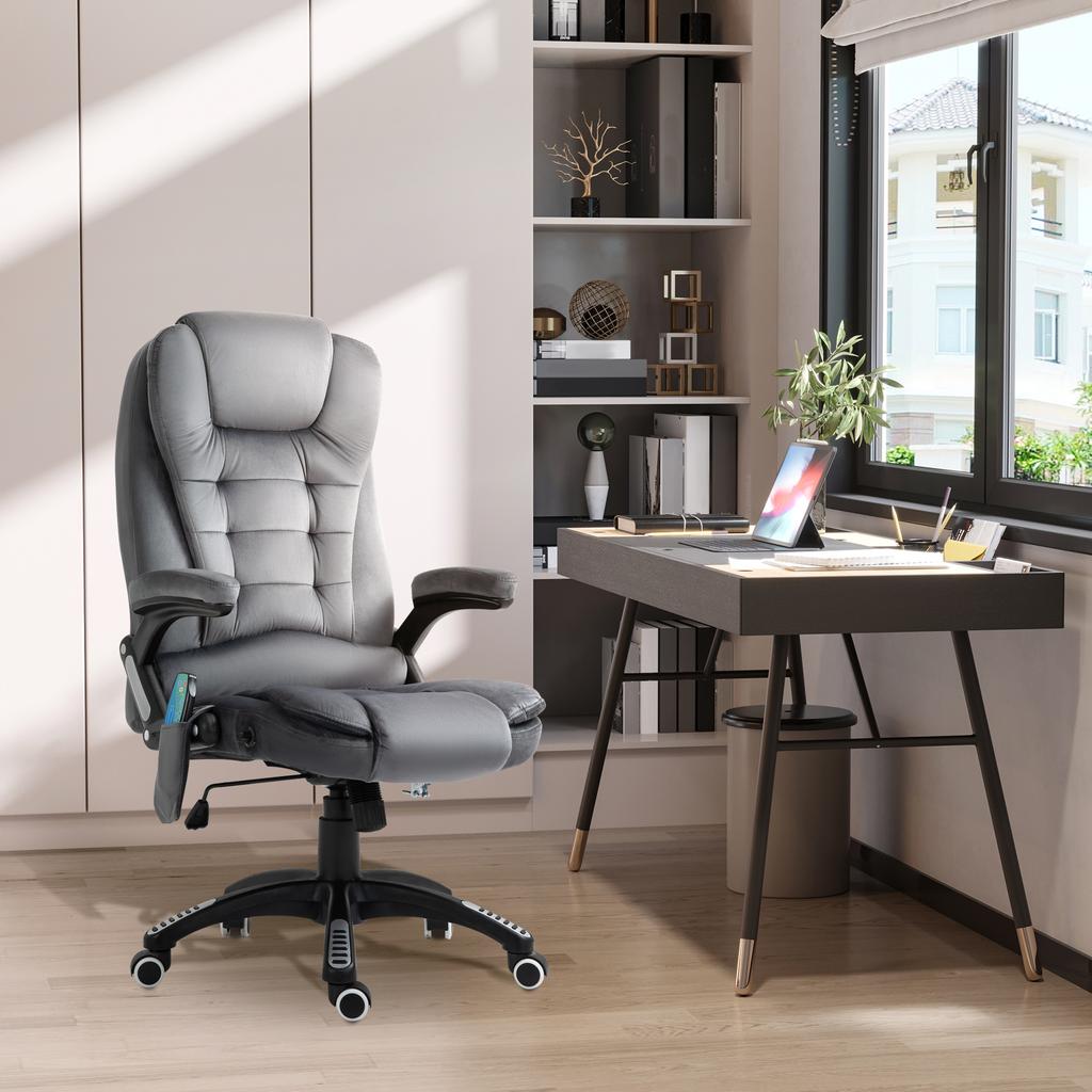 Massage Recliner Chair Heated Office Chair with Six Massage Points Velvet-Feel Fabric 360 degrees Swivel Wheels Grey