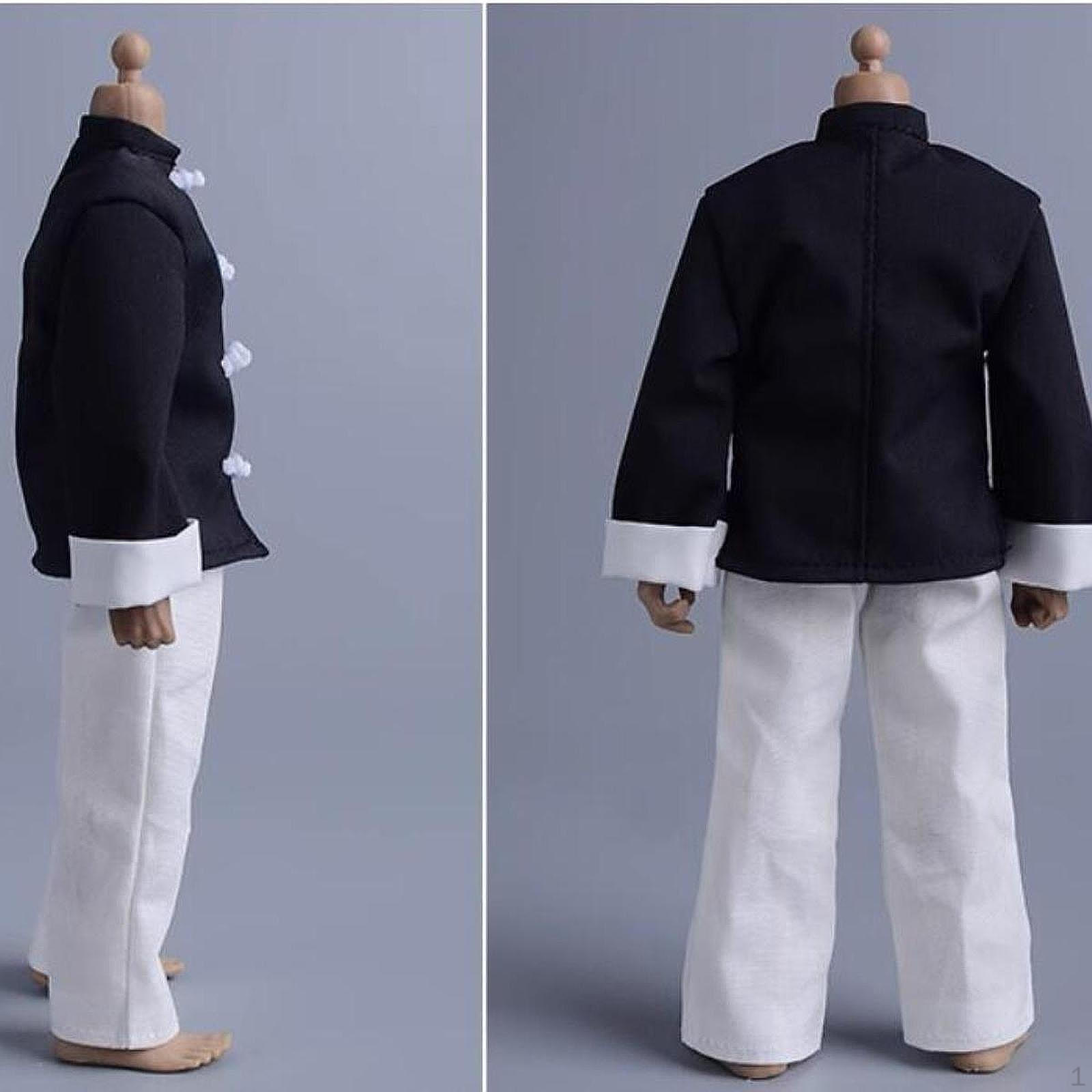 

3 предмета 1/12 пальто и брюки жилет, ручная работа кукольная одежда, миниатюрный костюм для 6-дюймового мужчины Black White Set