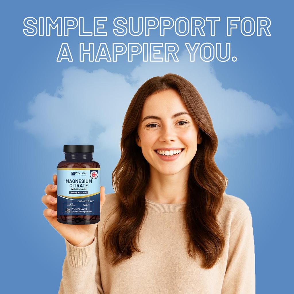 Magnesium Citrate Capsules 1500mg with Vitamin B6 | 120 Vegan Tablets | 450mg Elemental Mg