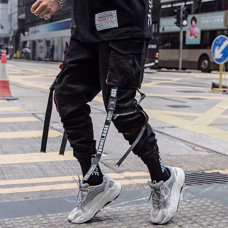 Dámské cargo kalhoty harémové kalhoty módní punkové kapsy jogger kalhoty řetěz Harajuku elastické vysoký pas streetwear