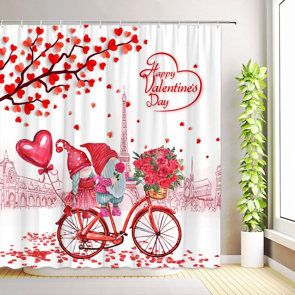 Valentine's Day Shower Curtain Romantic Rose Flower Bike Red Truck Love Hearts Tree Eiffel Tower Home Bathroom Decor With Hooks