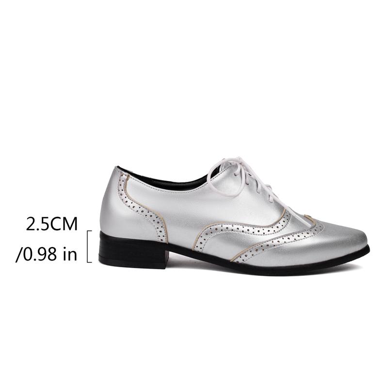 Plus Size 41 42 43 Spring Autumn New  Pointed Toe British Style Brogue Shoes Cross Lace Up Casual Flats Silver Retro Oxfords