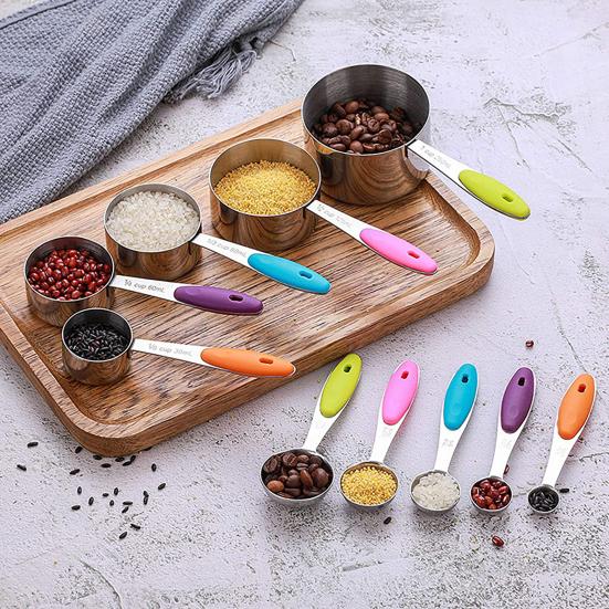 5Pcs/Set Measuring Spoon Set Clear Scale Ring Buckle Silicone Handle Stainless Steel Sugar Powder Spoon Measuring Cup Home Supplies