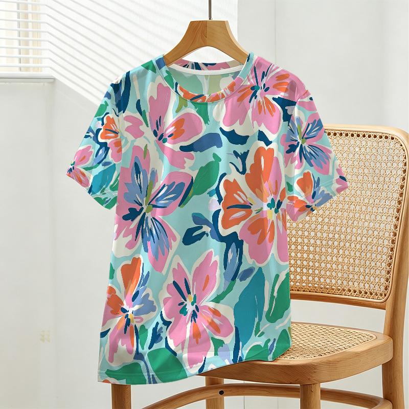 Women's Basic Short Sleeve Crew Neck T-Shirt Minimalist Floral Series, Soft Fabric Loose Fit, Versatile for Daily & Home Casual Wear