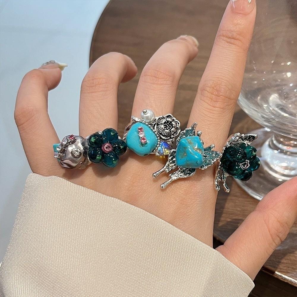 Stackable Glass Flower Ring Rhinestone Western Geometric Ring Fashion Turquoise Rings  Jewelry