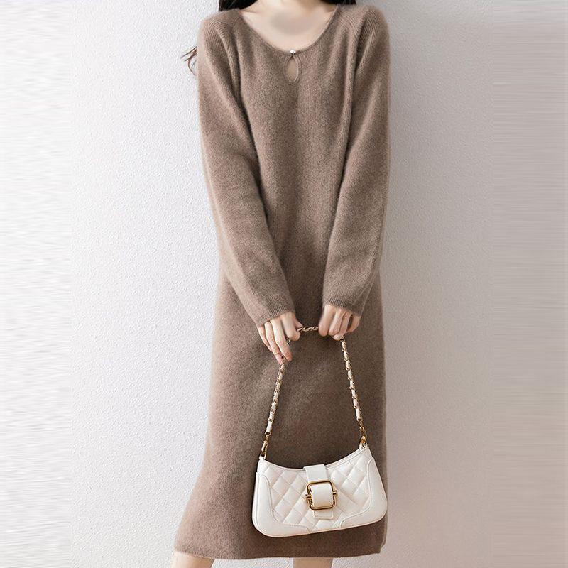 Solid Color Knitted Sweater Dress - Round Neck, Mid-Length, Loose Fit, Slimming, Fashionable for Spring and Autumn