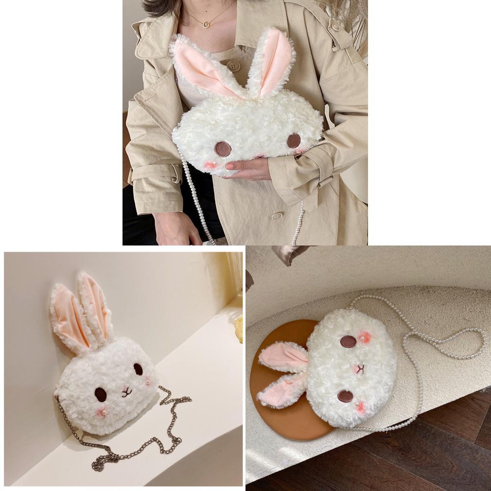 Cartoon Rosy Bunny Plush Shoulder Bag With Zipper Closure For Leisure Outings