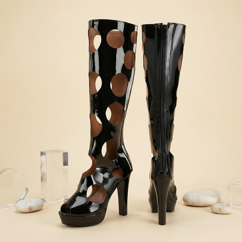 

New 2026 Fashion Silver Women Polka Cutout Knee High Summer Boots Platform High Heels Plus Size 43 45 Clubwear Shoes 39 чорний