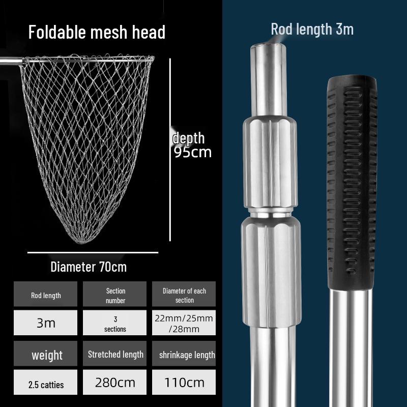 Telescopic Stainless Steel Fishing Rod with Foldable Net Head and Fish Bag Grapnel Set