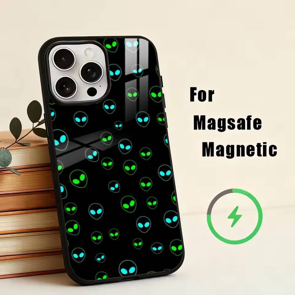 U- Funny Space UFO Alien Phone Case For iPhone17,16,15,14,13,12,11 Plus,Pro Magnetic with Magsafe Wireless Charging