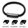 Type-C / Lightning / Micro USB portatile braccialetto in pelle caricabatterie cavo di ricarica dati linea di sincronizzazione per iPhone iPad Samsung Huawei Xiaomi Redmi oppo vivo