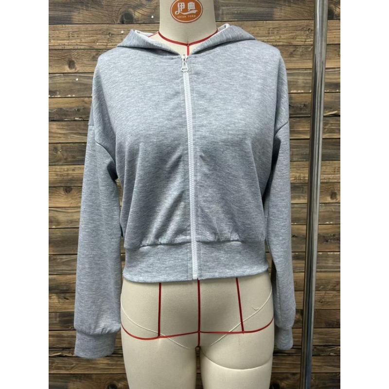 Women Short Zip Up Hooded Cardigan Batwing Sleeve Loose Streetwear Solid Color